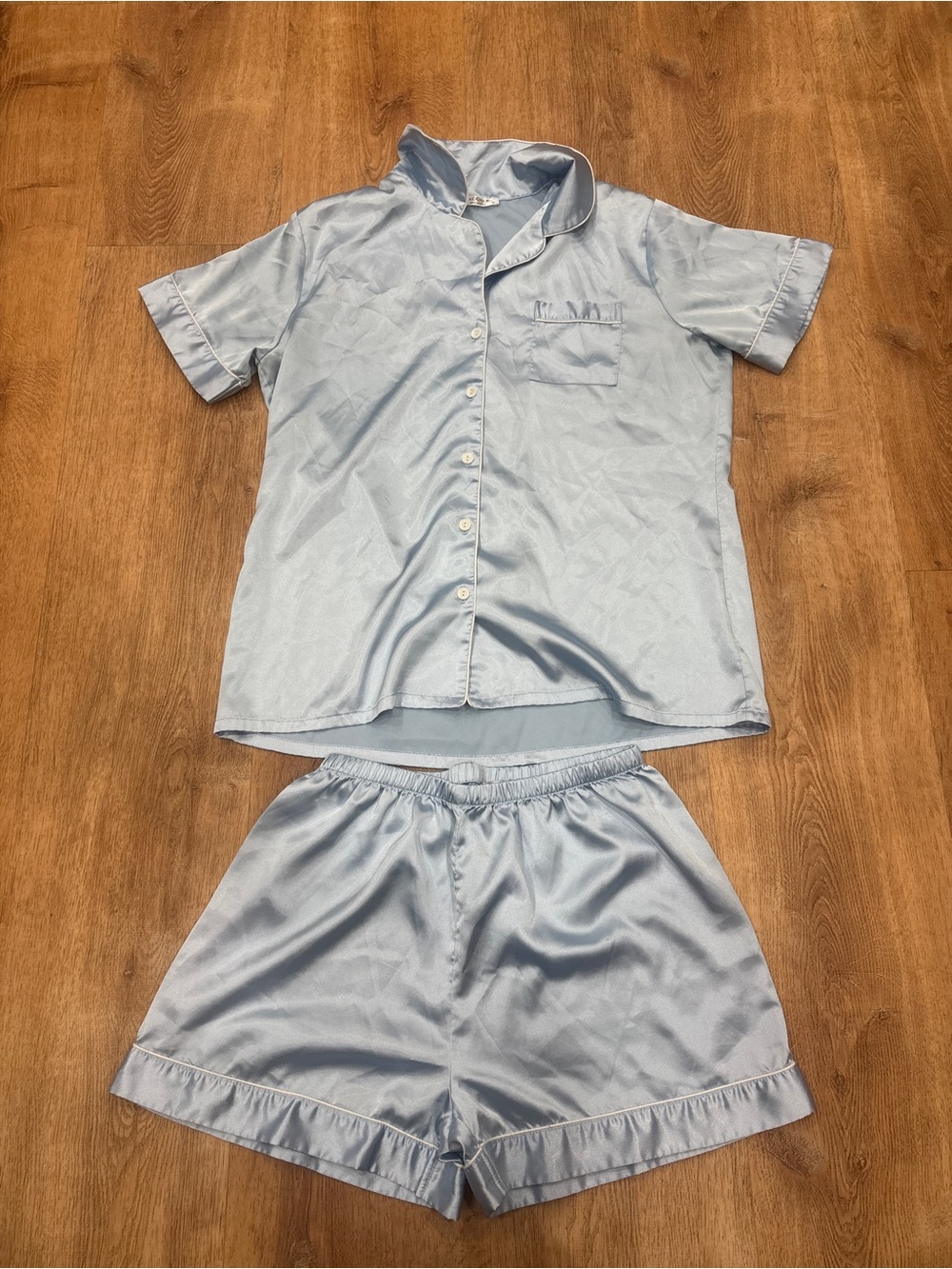 Light Blue women’s Satin Pajama Set - Short Sleeve Top & Shorts